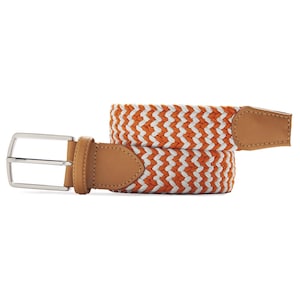 Orange & Weiß gewebter Stretch Gürtel | Zweifarbiger geflochtener Gürtel mit Leder | Handgefertigtes Geschenk für Männer und Frauen