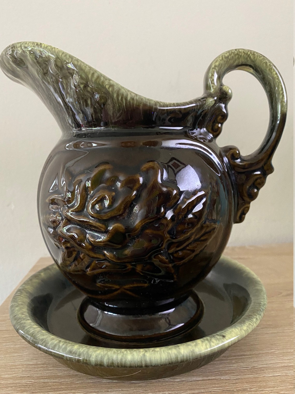 Vintage hull Pottery Pitcher A50 & Under Plate A51 SET Green Brown