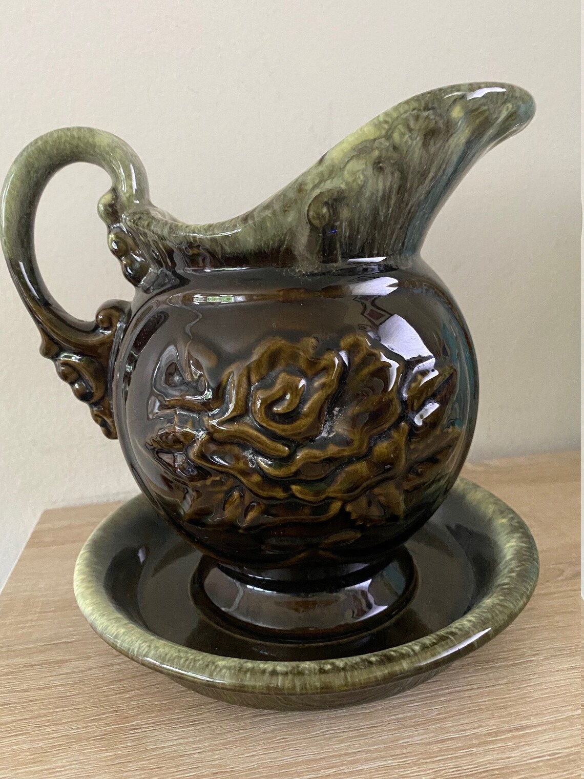 Vintage hull Pottery Pitcher A50 & Under Plate A51 SET Green Brown