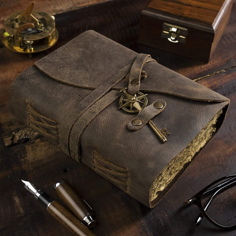 Grimoire Leather Journal with Key - Deckle Edge Vintage Paper Bo Grimoire Leather Journal with Key - Deckle Edge Vintage Paper Bo