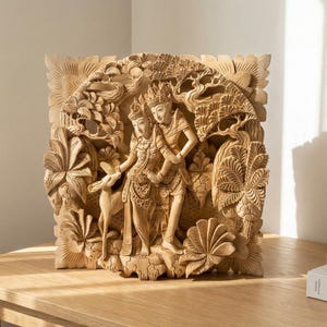 Hand Carved Wood Wall Decor, Rama and Sita, Hindu Art (15.7 inch)