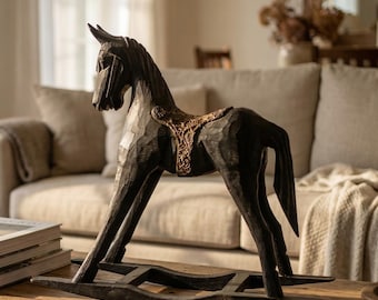 Antique Black Albesia Wood Rocking Horse 11.2 inch, Stallion Figure