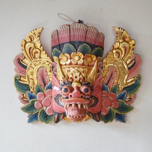 Unique Barong Wall Hanging Wooden Mask 16.9 inch, Valentine Gift, Lion Wood Carving, Personalize Gift, Vintage Balinese Wall Art Decor