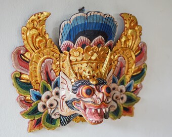 Barong Wall Hanging Wooden Mask 16.5 inch, Halloween Gift, Home Decor, Lion Wood Carving, Halloween Decor, Vintage Balinese Wall Art Decor