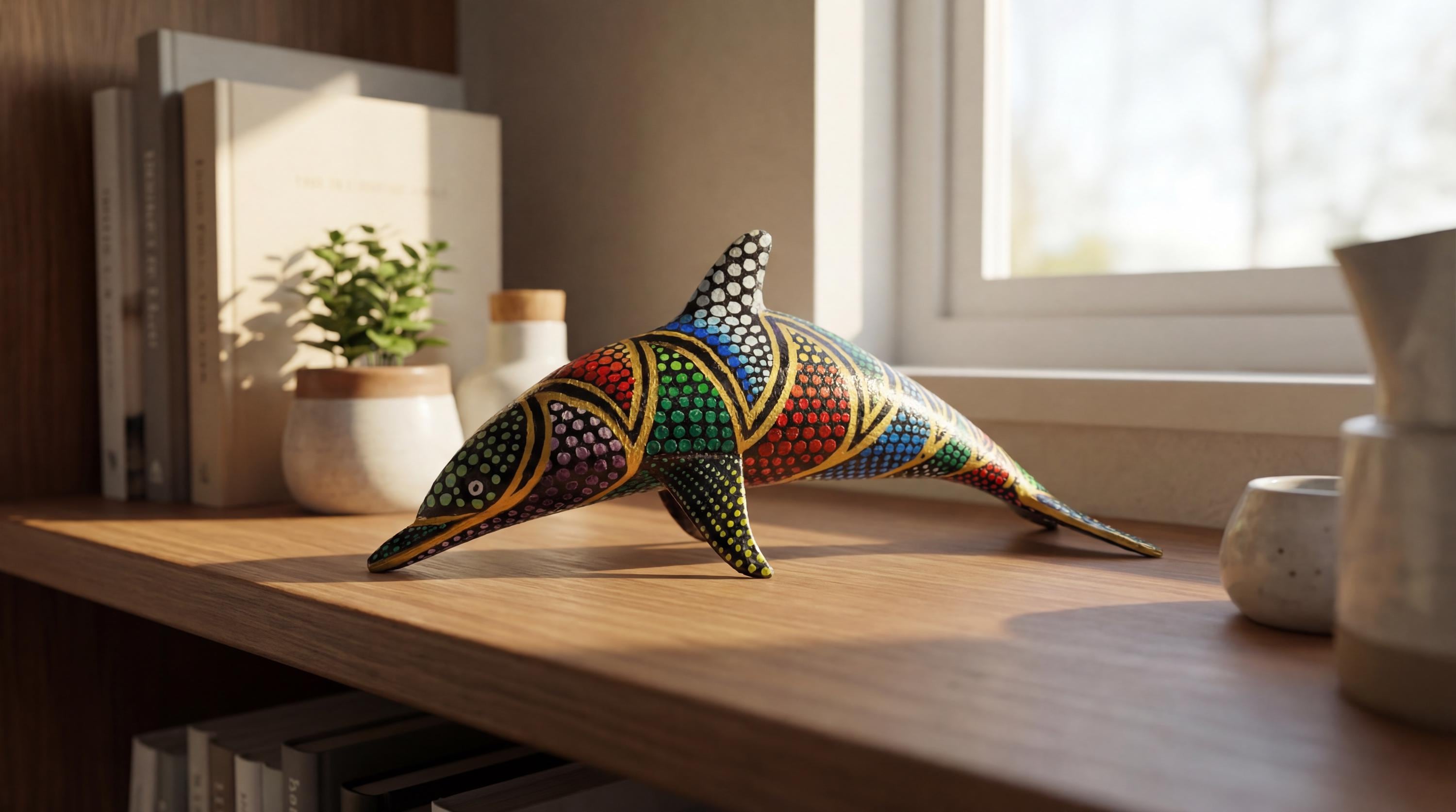 Leaping Dolphin Sculpture 10 Inch, Colorful Wood Carving, Desk Decor, Gift For Mom