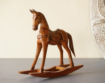 Wooden Rocking Horse Antique Brown Color, Unique Horse Sculpture