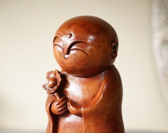 Unique Wooden Jizo Flower Statue, Easter Gift, Japanese