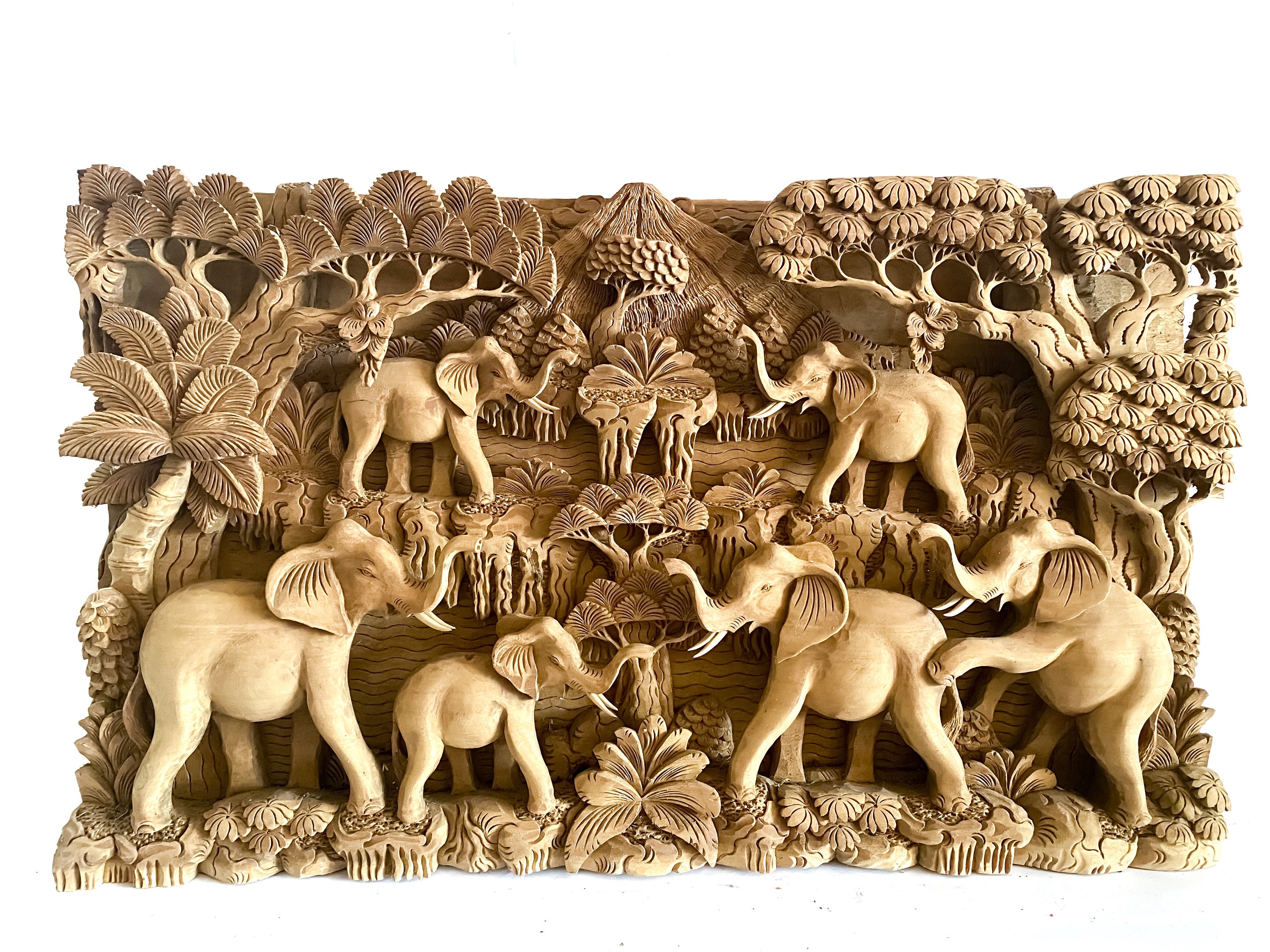 Wooden Elephant Wall Decor 25 Inch, Handmade Wood Carving Elephant Wall