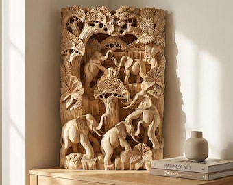 Elephant relief carving 19 inch, Hand Carved Cempaka Wood Wall Decor, Gift For Summer
