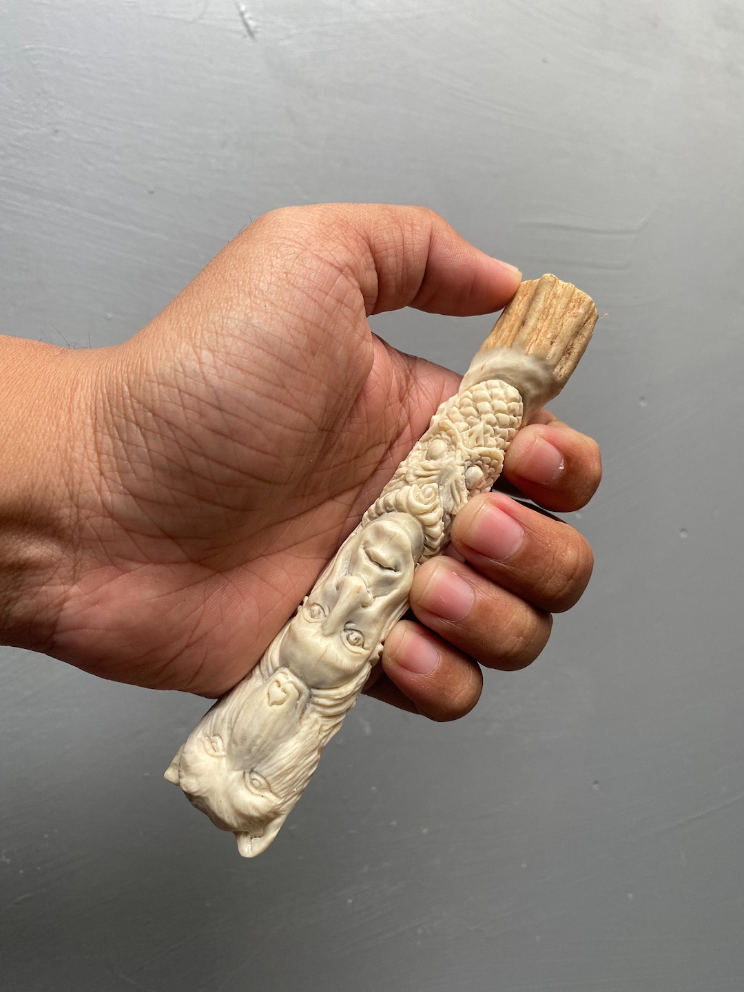 Three Face Knife Handle, Deer Antler Bone Carving, Knife Handle, Bone