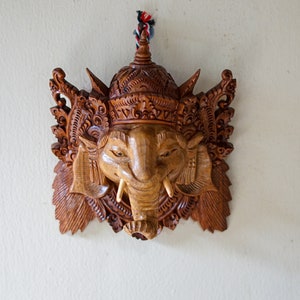 Wall Decor Ganesh Wooden Mask, Halloween Gift, Ganesh Wood Carving Wall Hanging Decor, Fathers day gift,  balinese wall art, Home Decor