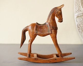 Wooden Rocking Horse Antique Brown Color, Unique Horse Sculpture, Halloween Gift, Halloween Decor, Horse Decor Ornament, Mothers Day Gift