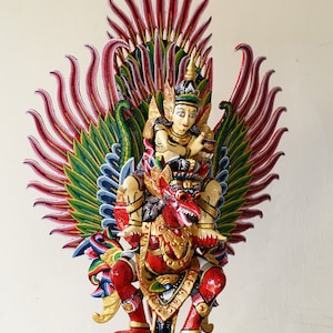 Unique Wooden Garuda Vishnu 29.5 inch Sculpture, Summer Gift, Painting Hand Carving Red Gold Garuda Bird Statue, Handmade Eagle Balinese