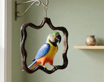 Hand Carved Wooden Macaw Parrot Sculpture, Colorful Hanging Bird Decor, Gift For Holiday