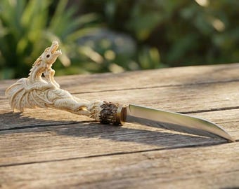 Handmade Dragon Antler Knife Handle, Balinese Hand Carved From Deer Antler Carving