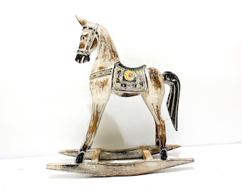 Wooden Rocking Horse Antique Wash White Color, Halloween Gift, Horse Art, Rocking Horse, Home Decor, Horse Ornament, Halloween Decor, Decor
