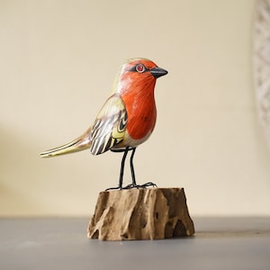 Wooden Red Yellow Finch Bird Figurine, Halloween Gift, Colorful Finch, Wood Carving Bird, Gift For Mom, Holiday Gift, Home Decor, Desk Decor