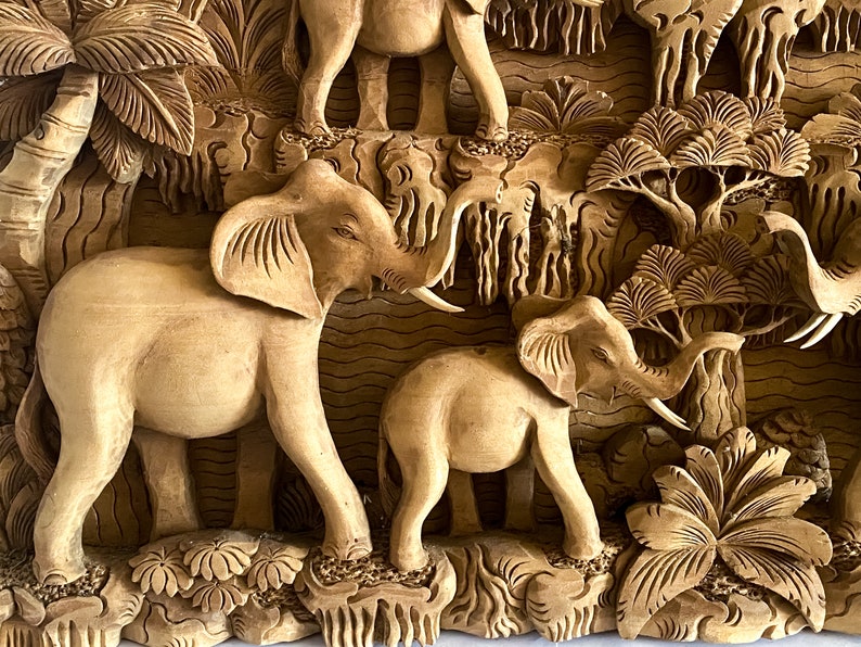 Wooden Elephant Wall Decor 25 Inch, Handmade Wood Carving Elephant Wall