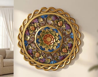 Floral Wood Carved Mandala 15.7 inch, Balinese Wall Decor, Gift For Summer