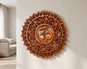 Om Mandala Wall Art 16", Hand Carved Natural Wood, Warm Brown Meditation Yoga Decor