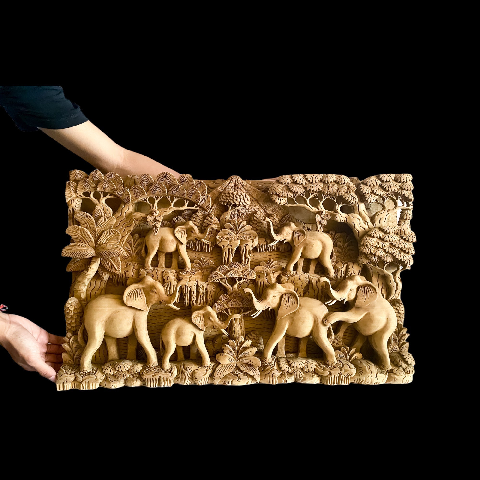 Wooden Elephant Wall Decor 25 Inch, Handmade Wood Carving Elephant Wall