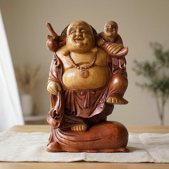 手彫りの木製仏像と子供（高さ19.7インチ）、瞑想室の装飾、お父さんへ 