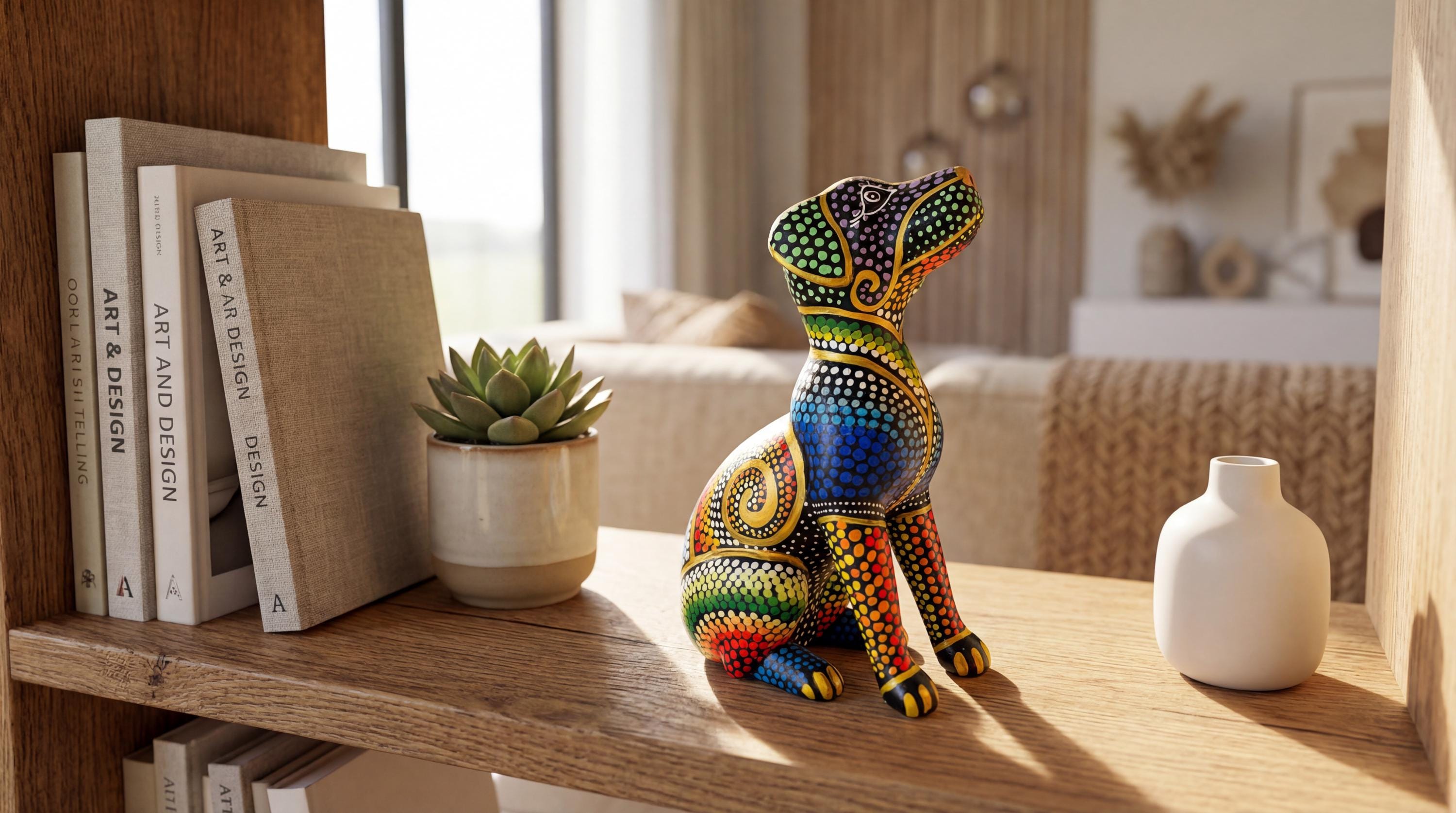 Sitting Dog Sculpture 5.9 Inch, Colorful Handmade Wood Carving, Bookshelf Decor, Gift For Dad