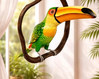 手彫りの木製オオハシの彫刻、緑の熱帯鳥のホームデコレーション（12.2