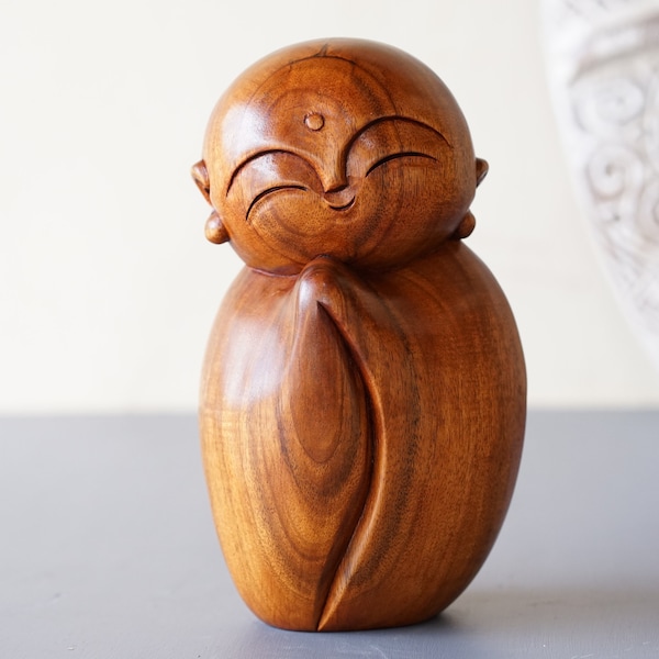 Handmade Jizo Wooden Sculpture, Unique Buddha Jizo, Vintage Laughing Buddha, Hand Carved Solid Wood Decor, Fathers day Gift, Valentine Gift