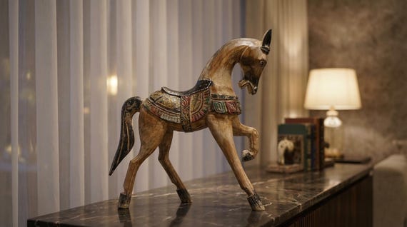 Albesia Wood Horse Sculpture, Green Brown Home Decor, Holiday Gift