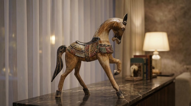 Albesia Wood Horse Sculpture 15 inch, Green Brown Home Decor, Holiday Gift image 1