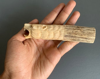 Handmade Bear Antler Knife Handle, Carved Bone Hilt