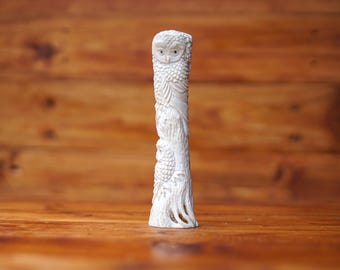 Carved Owl Sculpture, Halloween Gift, Angel Sculpture, Deer Antler Carving, Home Decoration, Holiday Gift, Handmade Sculpture