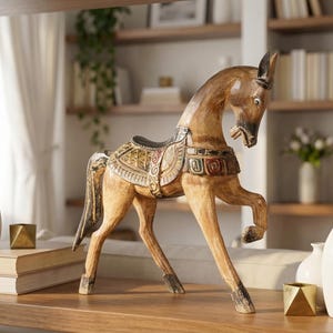 Albesia Wood Horse Sculpture 15 inch, Green Brown Home Decor, Holiday Gift image 8