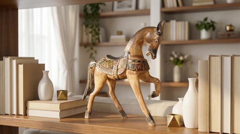 Albesia Wood Horse Sculpture 15 inch, Green Brown Home Decor, Holiday Gift image 8