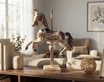 Albesia Wood Carousel Horse Art Decor, Antique White Wash (12.2 inch Height)