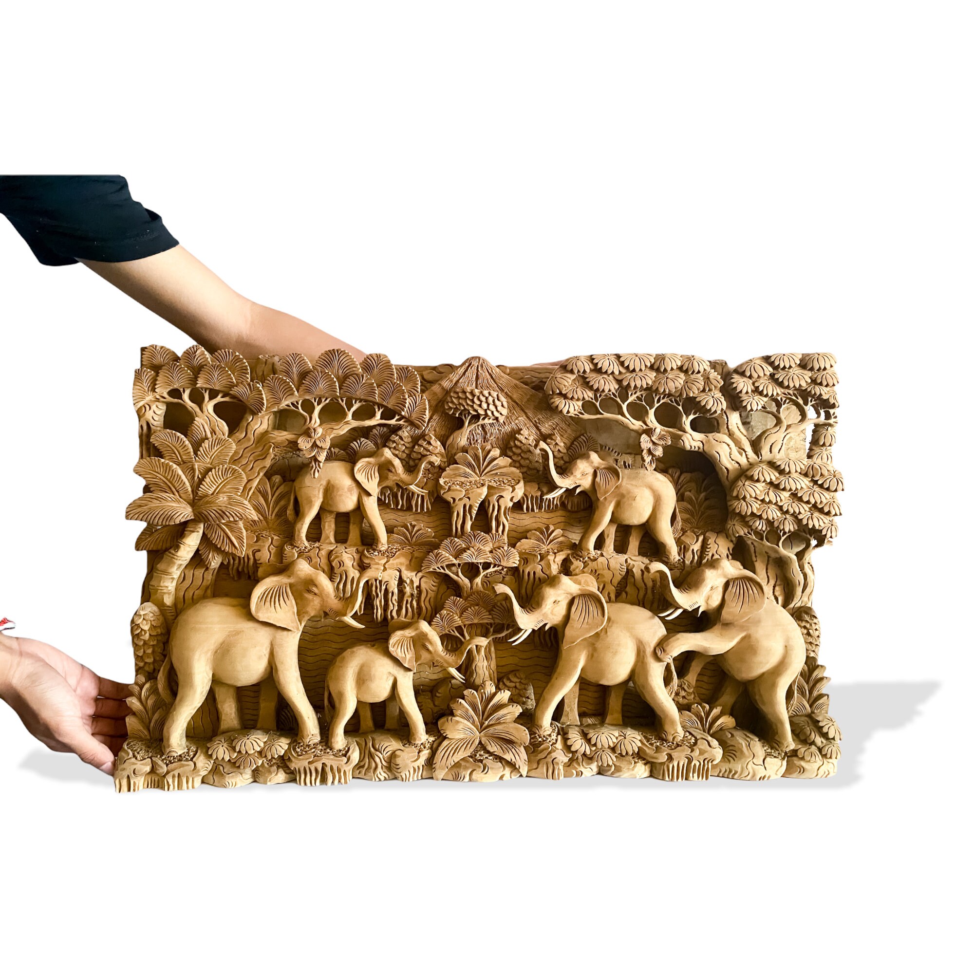 Wooden Elephant Wall Decor 25 Inch, Handmade Wood Carving Elephant Wall Art, Elephant Statue