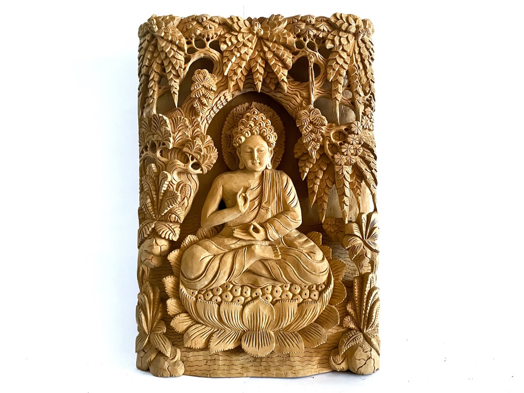 Wall Hanging Buddha Wood Carving Wall Decor 19 Inch Vintage Etsy
