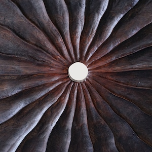 May include: A close-up of a dark brown wooden surface with a circular, white, raised design in the center. The surface has a radial pattern of grooves radiating outward from the center.