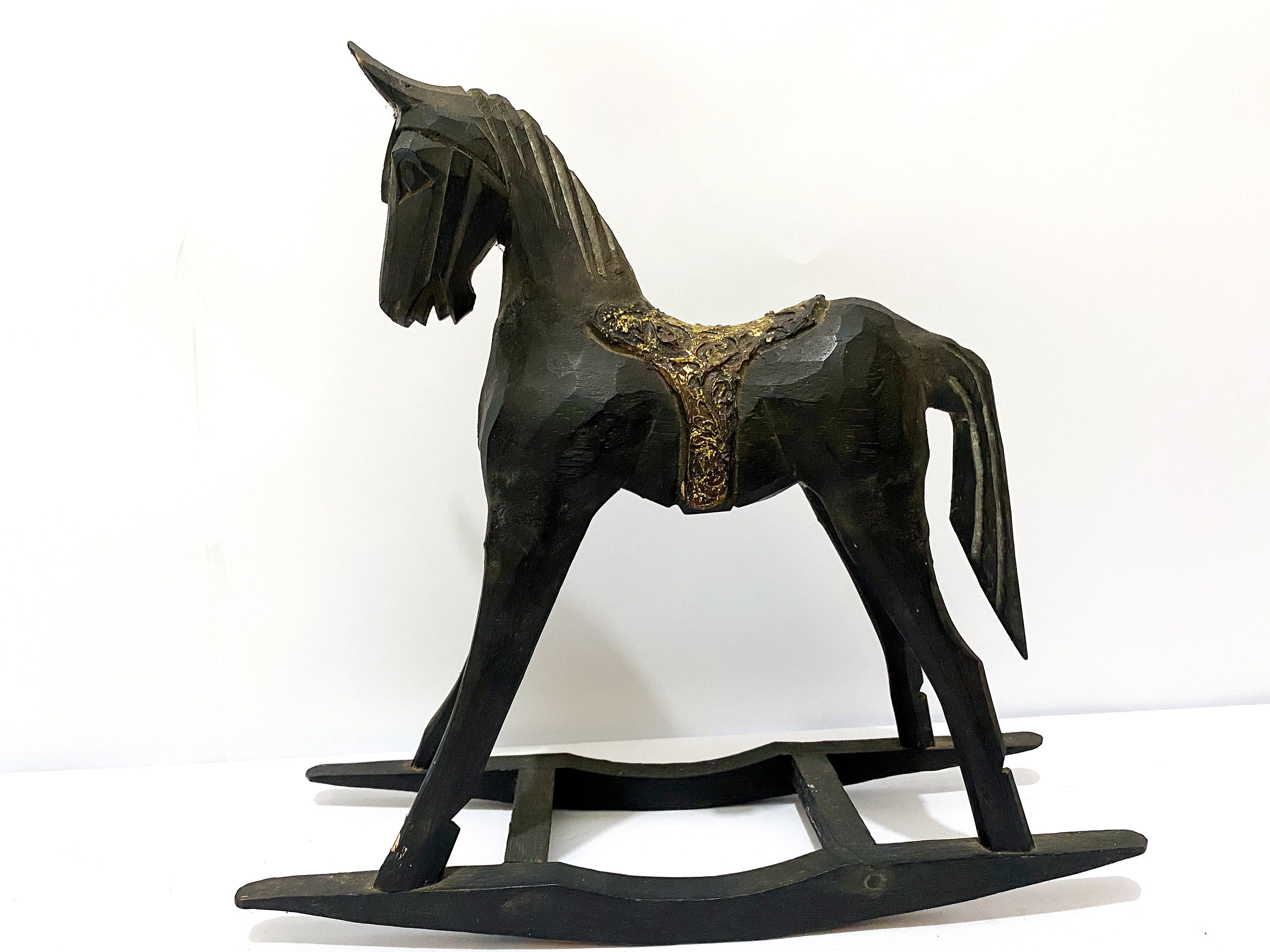 Wooden Rocking Horse Antique Black Color, Dark Stallion Figure, Halloween Gift, Rocking Horse, Horse Gifts, Horse Ornament, Halloween Decor