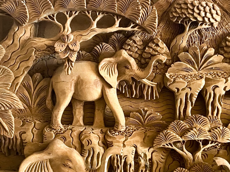 Wooden Elephant Wall Decor 25 Inch, Handmade Wood Carving Elephant Wall