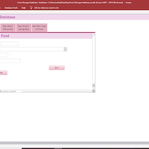 May include: A screenshot of a computer screen showing a database program for tracking food storage. The program has a form for entering new food items, with fields for the food name, ounces, and use-by date. The form also has buttons for saving, adding, deleting, and exiting.