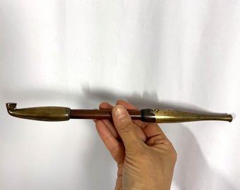 Antique Japanese Kiseru Pipe – Taisho Era Brass & Wood with Engraved Plum Blossoms and Warbler