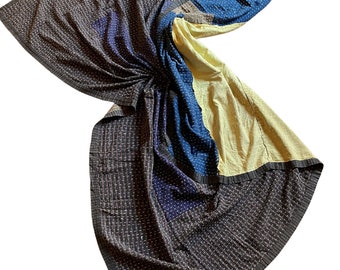Japanische BORO-Textildecke 032 / Sashiko in Gelb und Blau