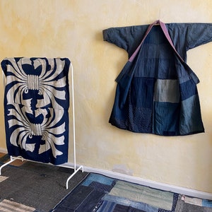 early century BORO Tsugihagi patch work Kimono / Noragi pure indigo, flannel fabric / CBC16