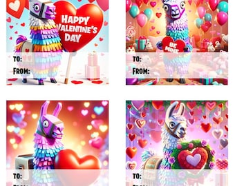 Gaming Llama Valentine's Day Cards (6 per page - 4 unique designs) - PDF DOWNLOAD - Print at Home - HIGH Quality