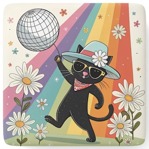 Imán de porcelana con diseño de gato retro, decoración colorida, accesorio para el hogar con un toque de discoteca, regalo único para amantes de los gatos, imán para fiestas o cocina.