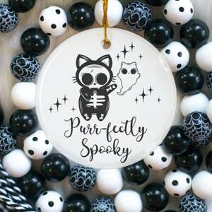 Black Cat and Ghosts Sugar Skull Cat Purr-fectly Spooky Ornament Halloween Decor Ceramic Ornament