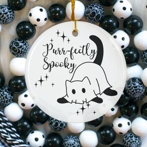 Black Cat Ghost Purr-fectly Spooky Ornament Halloween Decor Ceramic Ornament