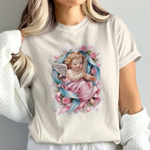 Vintage Angel Cherub T-Shirt – Comfort Colors Tee with Pink Roses and Hearts – Cute Pastel Heaven Aesthetic Shirt, Angel Baby